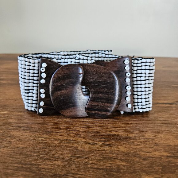Vintage Wood Buckle White Beaded Stretch Belt Wide Cinched Waist Boho Gypsy M/L - Picture 2 of 6